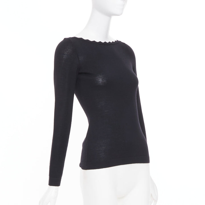 ALAIA virgin wool knit semi sheer black scalloped boat neck l/s top FR36 S