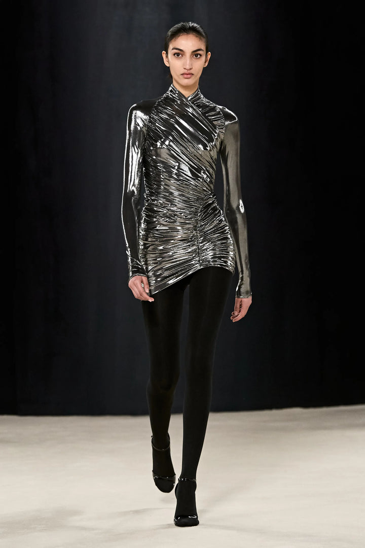 FERRAGAMO Maximilian Davis 2023 Runway metallic silver lame wrapped dress IT40 S