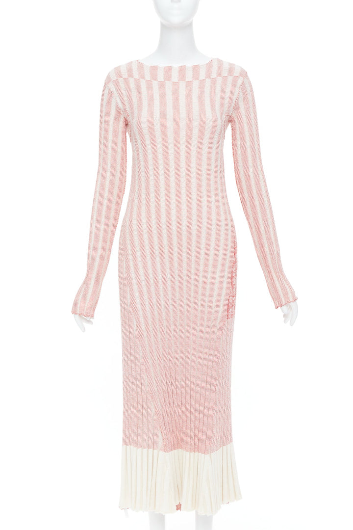 CELINE 2017 Phoebe Philo Runway pink red white striped ribbed knit midi dress XS