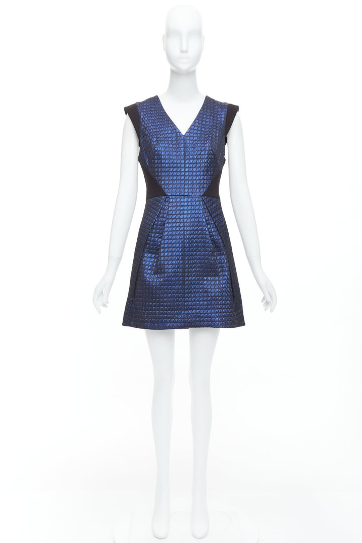 TIBI blue black quilted lurex jacquard V-neck mini dress US6 M