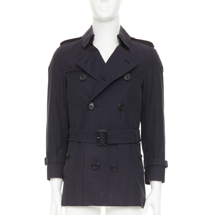 BURBERRY Prorsum 2011 black cotton twill leather trim belted trench coat EU46 S