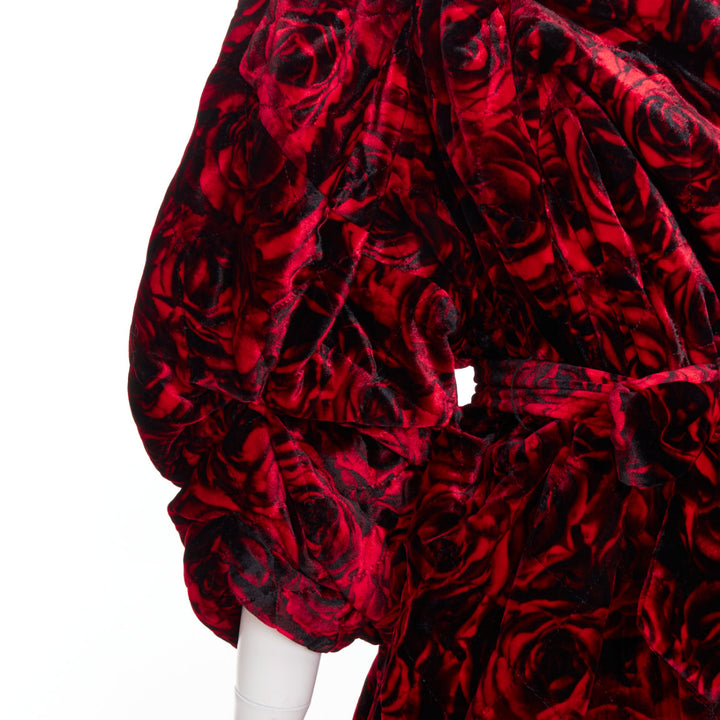 DRIES VAN NOTEN Runway Delta red rose velvet quilted one shoulder dress FR38 M