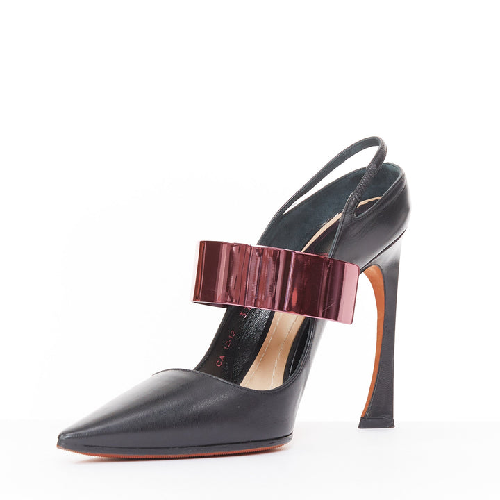 CHRISTIAN DIOR 2013 Runway black leather pink metallic band slingback pump EU37D