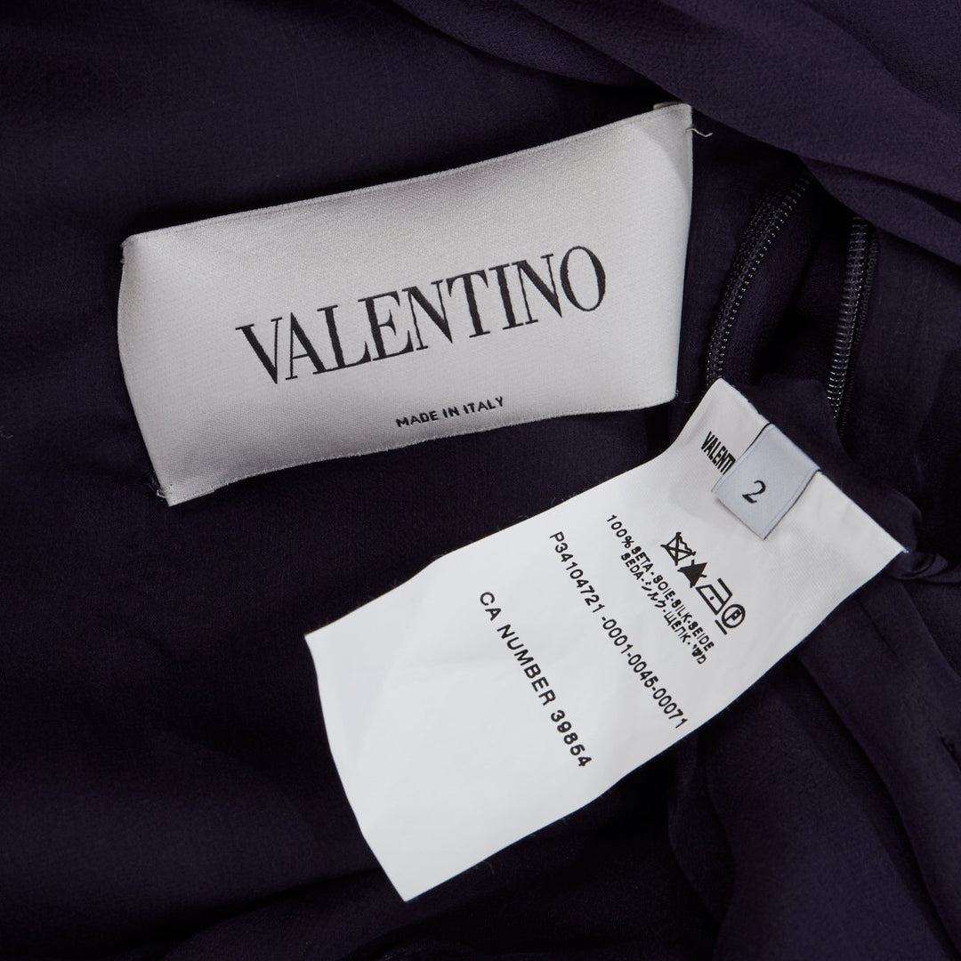 VALENTINO navy blue silk draped front waterfall tier hem sheer sleeve dress US2