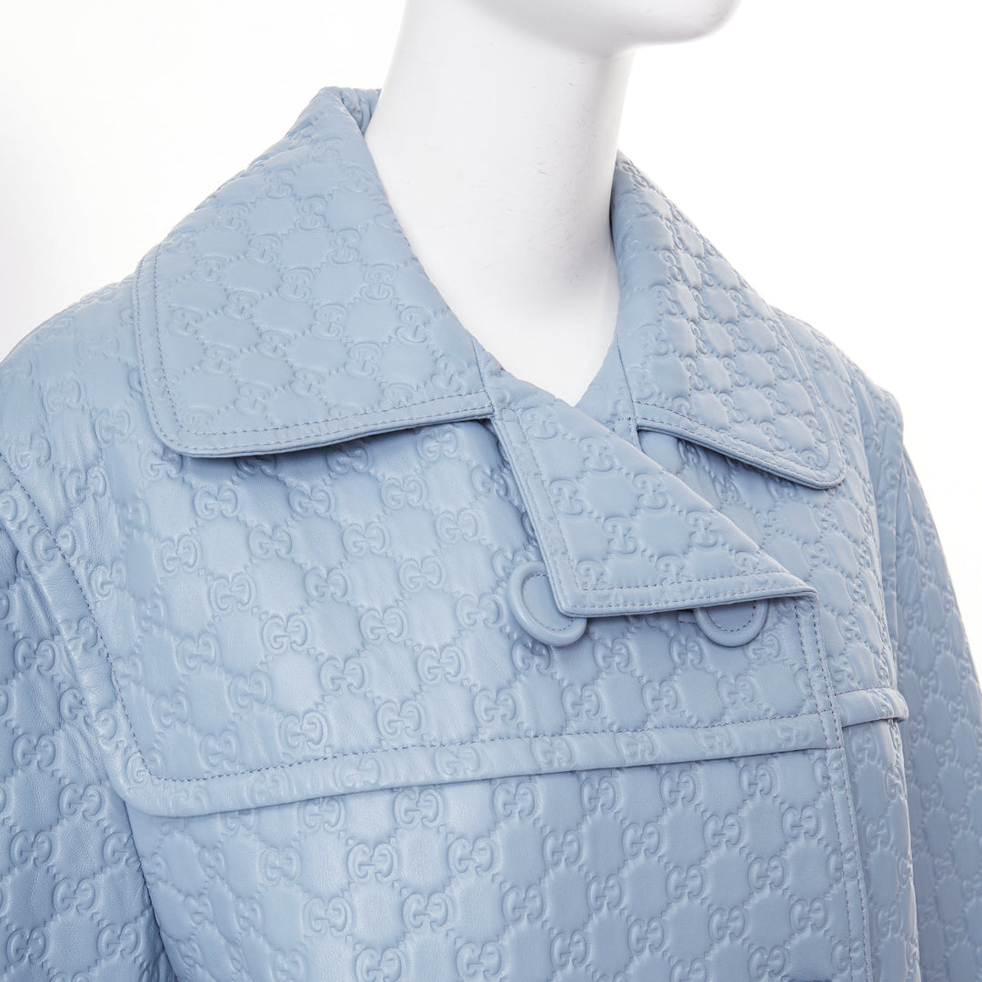 GUCCI 2024 Runway All Over Embossed GG Button Split Back blue leather coat IT38