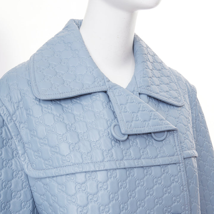 GUCCI 2024 Runway All Over Embossed GG Button Split Back blue leather coat IT38