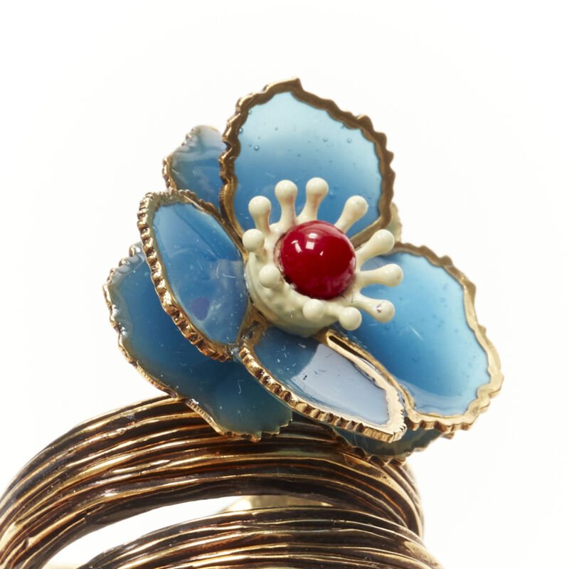 FENDI 8AG827 gold tone blue floral petal spiral statement ring US7 M