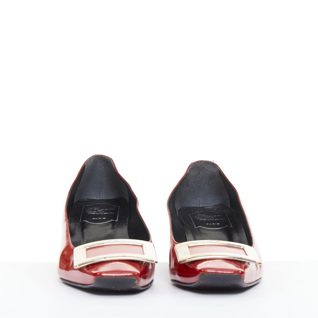 ROGER VIVIER Belle Vivier red patent leather square buckles heel pumps EU36.5