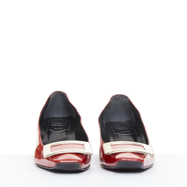 ROGER VIVIER Belle Vivier red patent leather square buckles heel pumps EU36.5