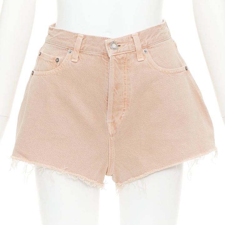 SAINT LAURENT 2020 dusty pink washed denim logo tag flared shorts 25"