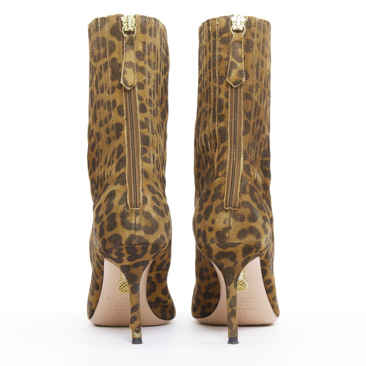 AQUAZZURA Montmartre brown leopard print suede pointy boots EU36