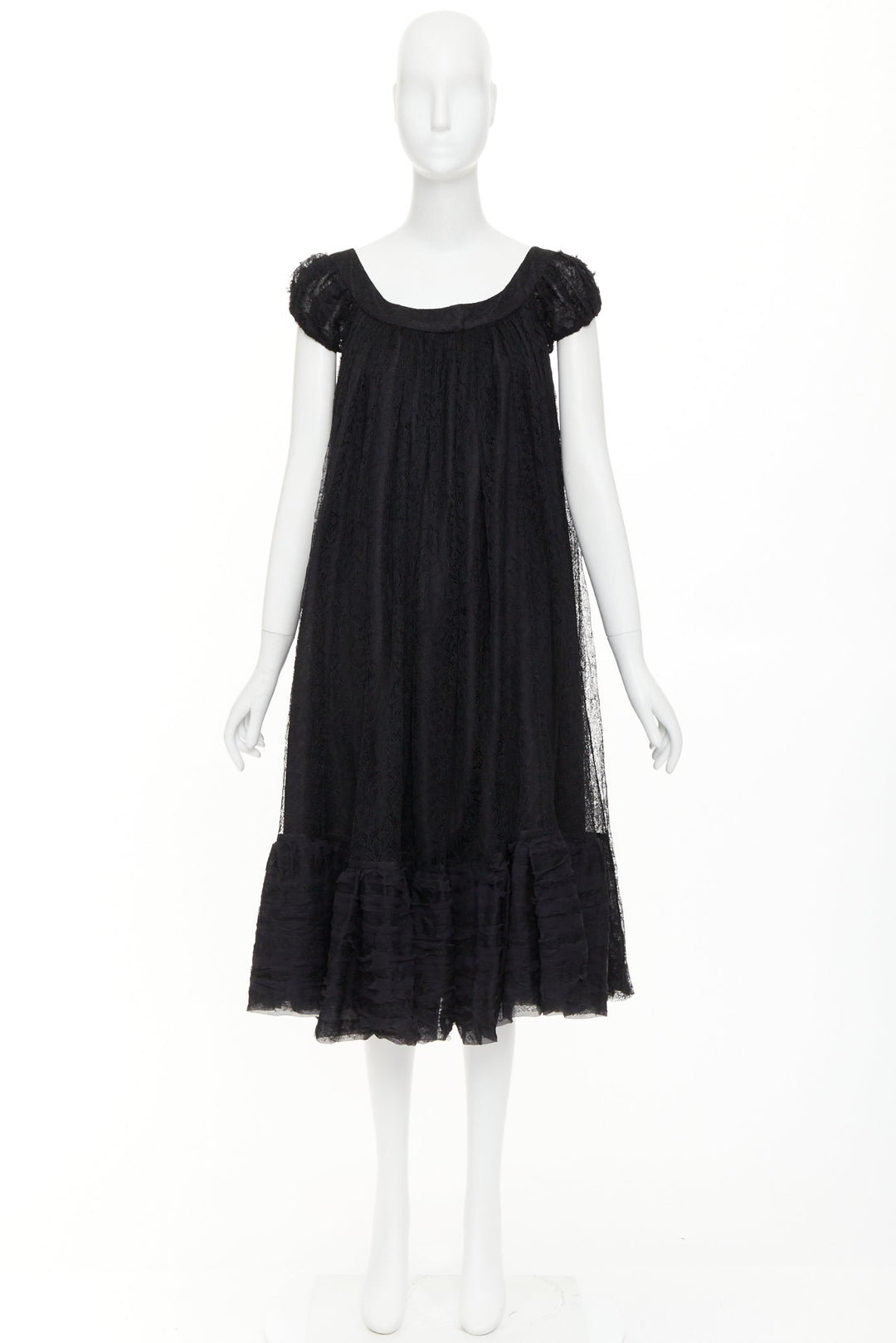 YVES SAINT LAURENT 2007 Vintage black sheer lace gathered tiered dress IT40 S