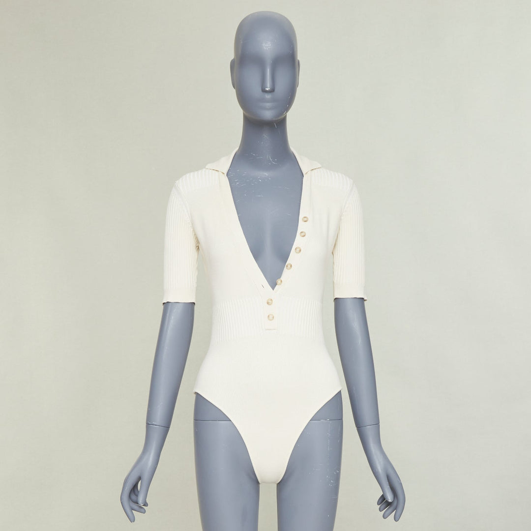 JACQUEMUS Le Body Yauco ivory viscose blend ribbed knit polo bodysuit top FR36 S