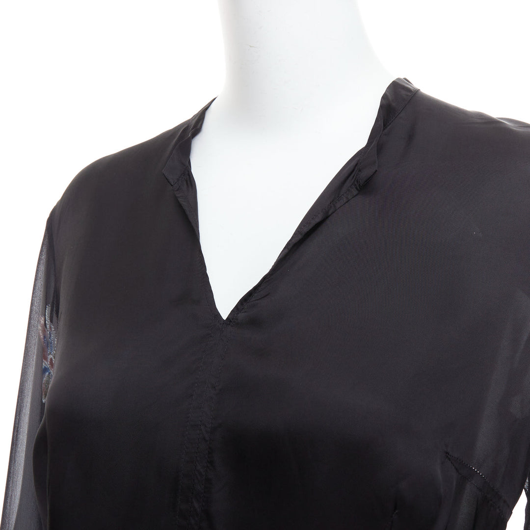 DRIES VAN NOTEN 1990s Vintage 100% silk floral sheer sleeve hi low blouse FR38 M
