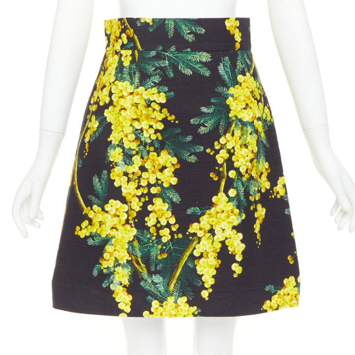 DOLCE GABBANA yellow black cotton floral print textured A-line skirt IT40 S