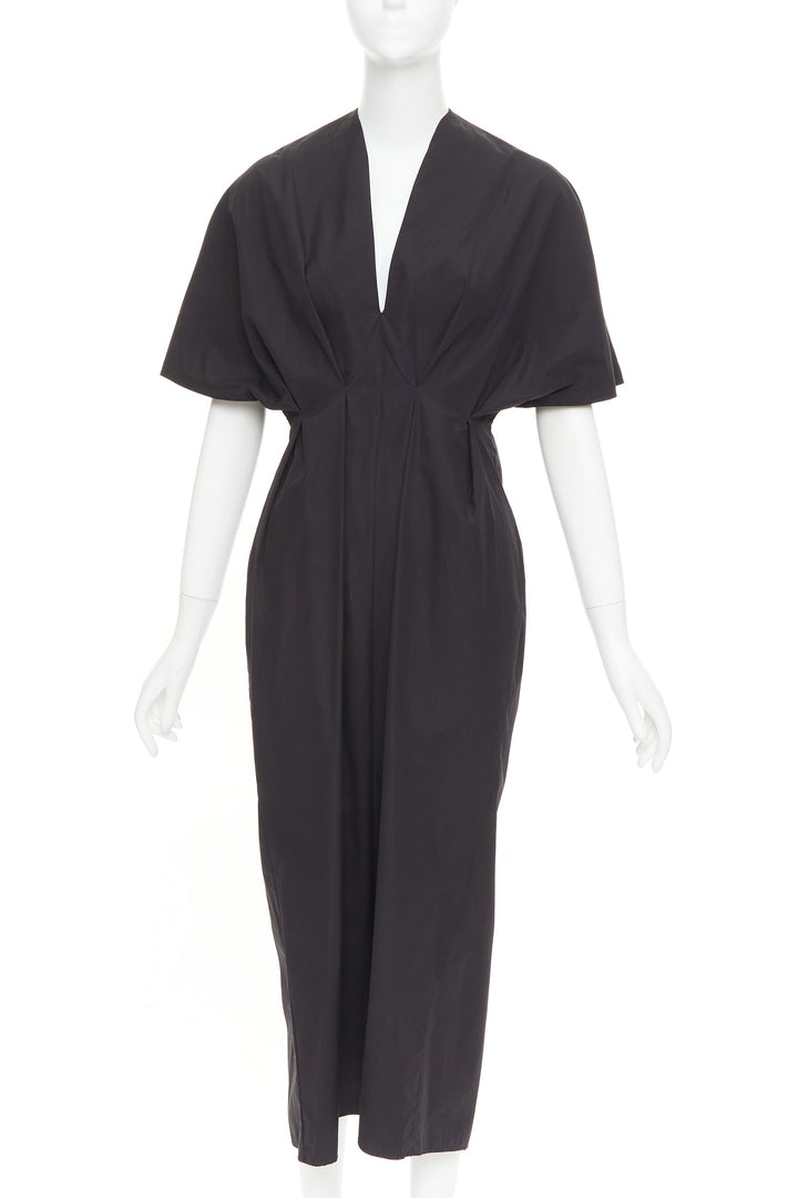 ESME VIE black cotton poplin V neck short cape sleeve pleated midi dress FR38 M