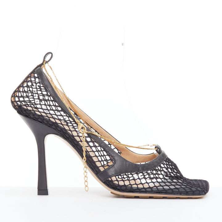 BOTTEGA VENETA Stretch black leather mesh net gold chain spool heels EU37