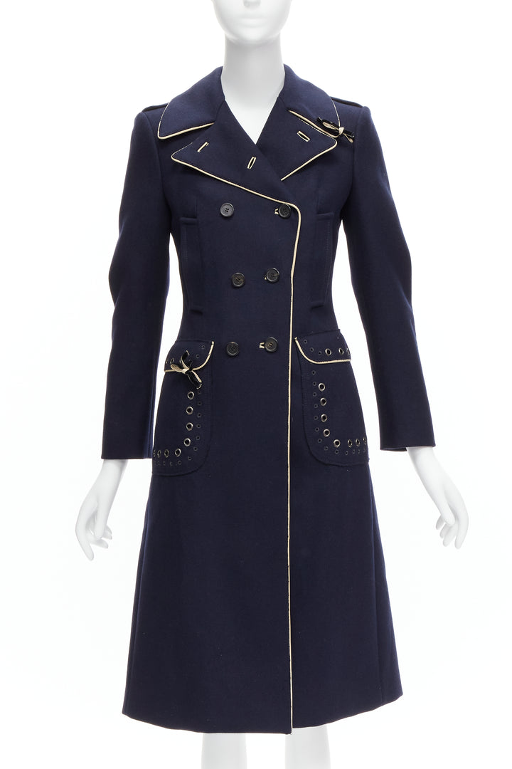 rare PRADA 2004 Runway navy wool grommet leather longline officer coat IT36 XXS