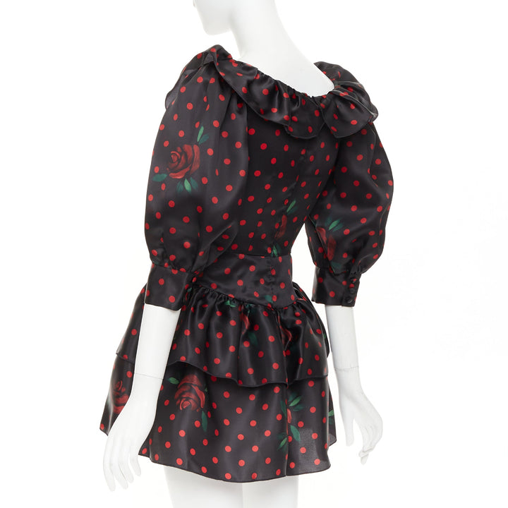 ALESSANDRA RICH 2019 Polka Dot Rose Print silk ruffled puff sleeve dress IT38 XS