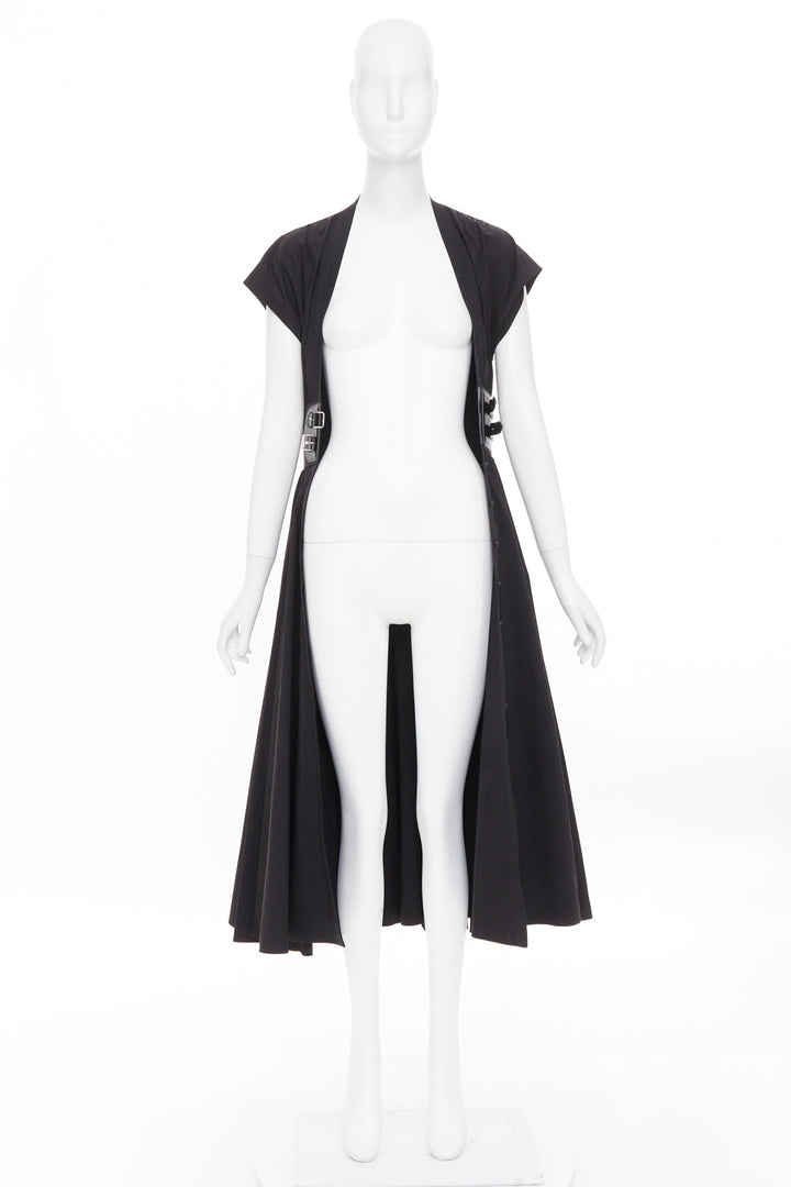 ALAIA 2023 belted leather trimmed black corset poplin casual A-line dress FR36 S