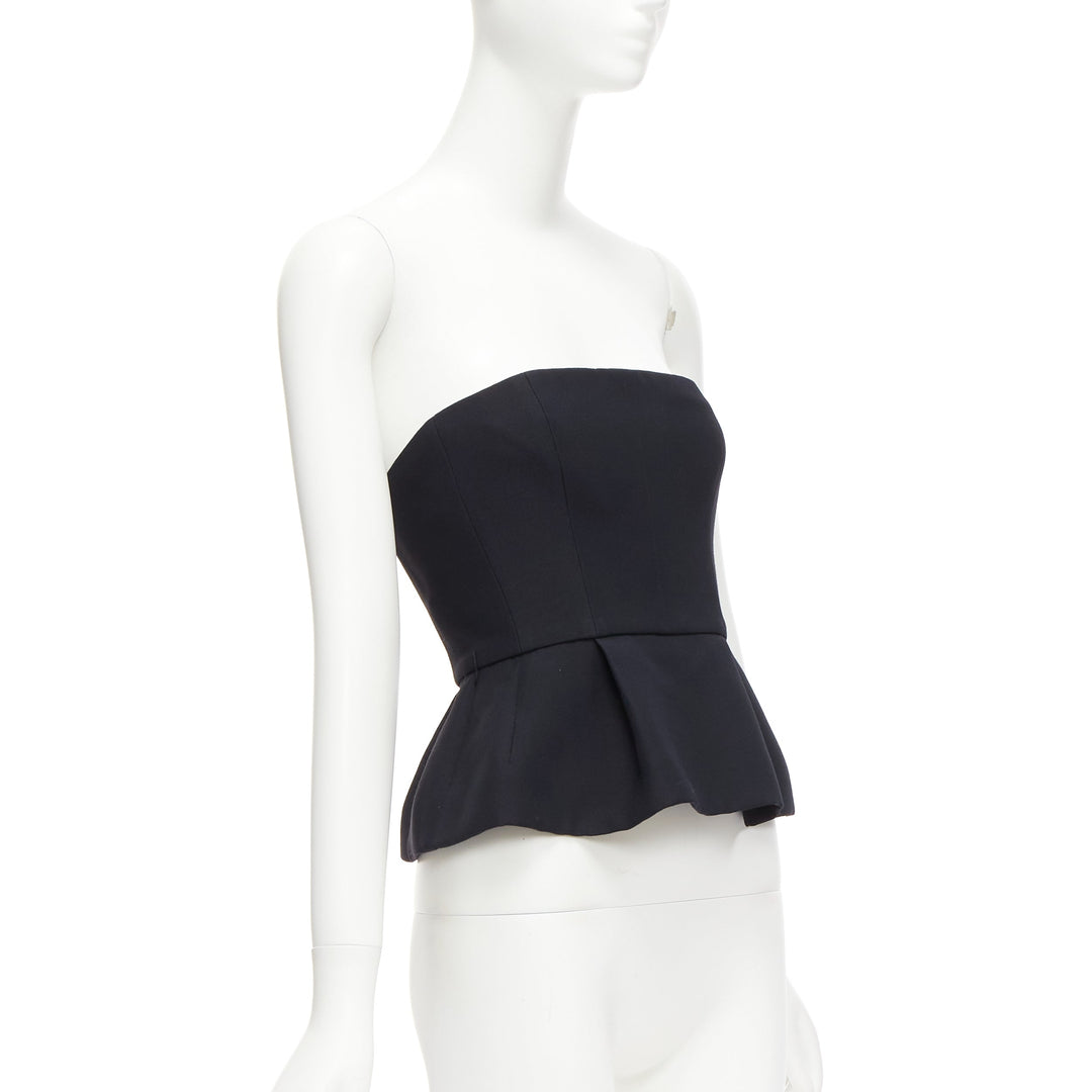 CHRISTIAN DIOR black wool silk minimal boned corset peplum bustier top FR34 XS