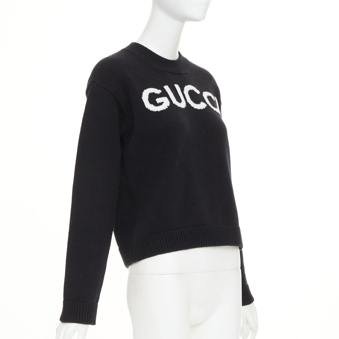 GUCCI black white wool block logo intarsia crew neck pullover sweater S