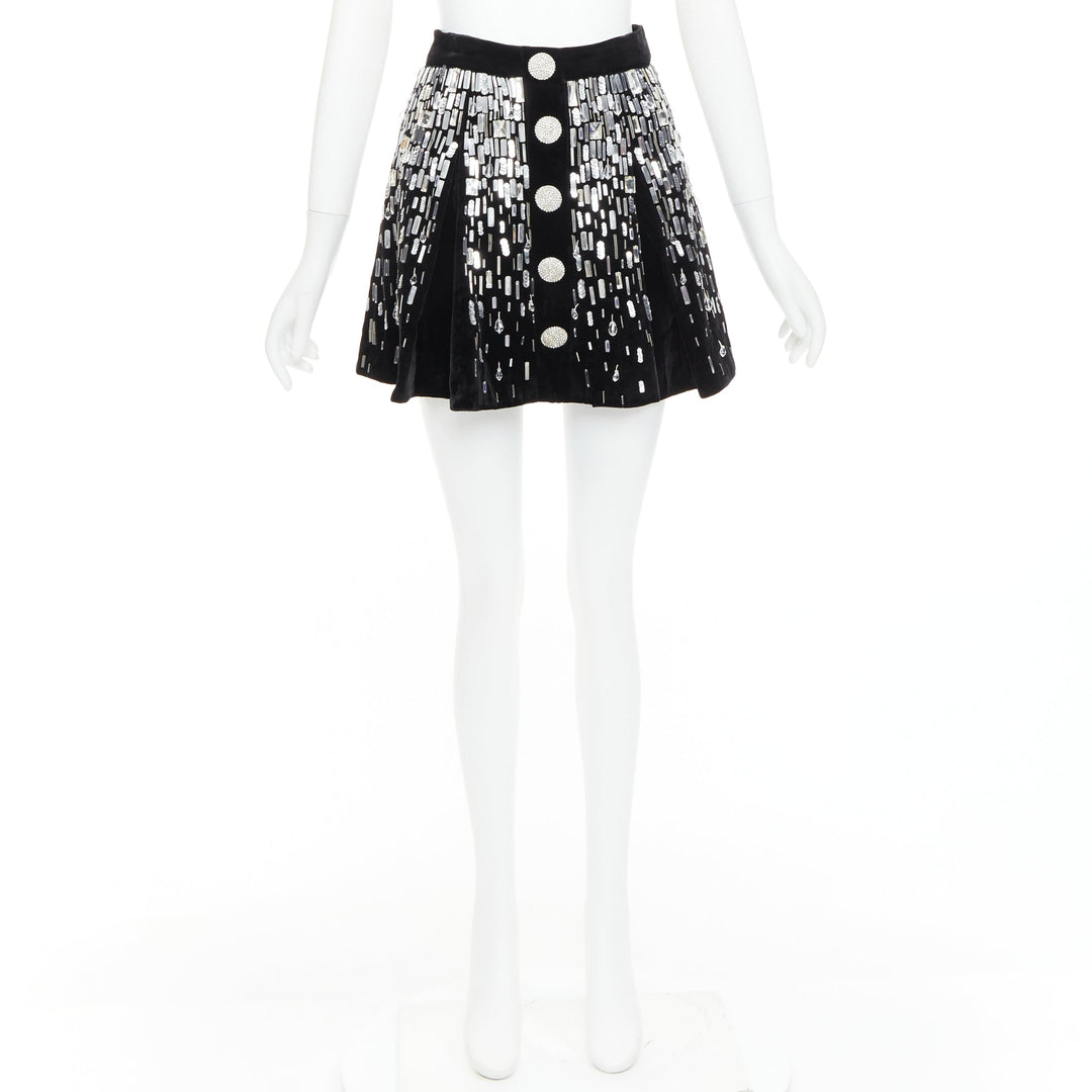 BALMAIN Embellished Skater black silver beads sequins flare mini skirt FR34 XS