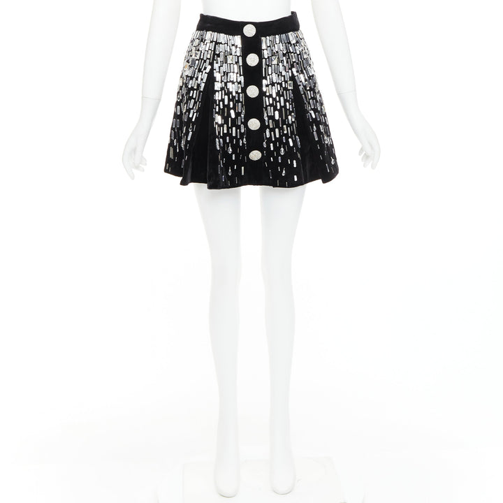 BALMAIN Embellished Skater black silver beads sequins flare mini skirt FR34 XS