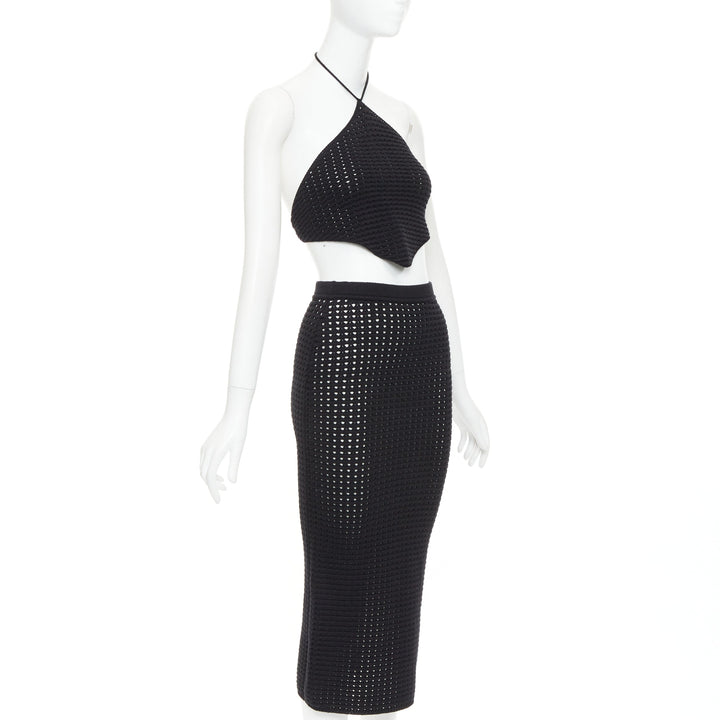 REFORMATION Circa black organically cotton open knit halter top skirt set XS