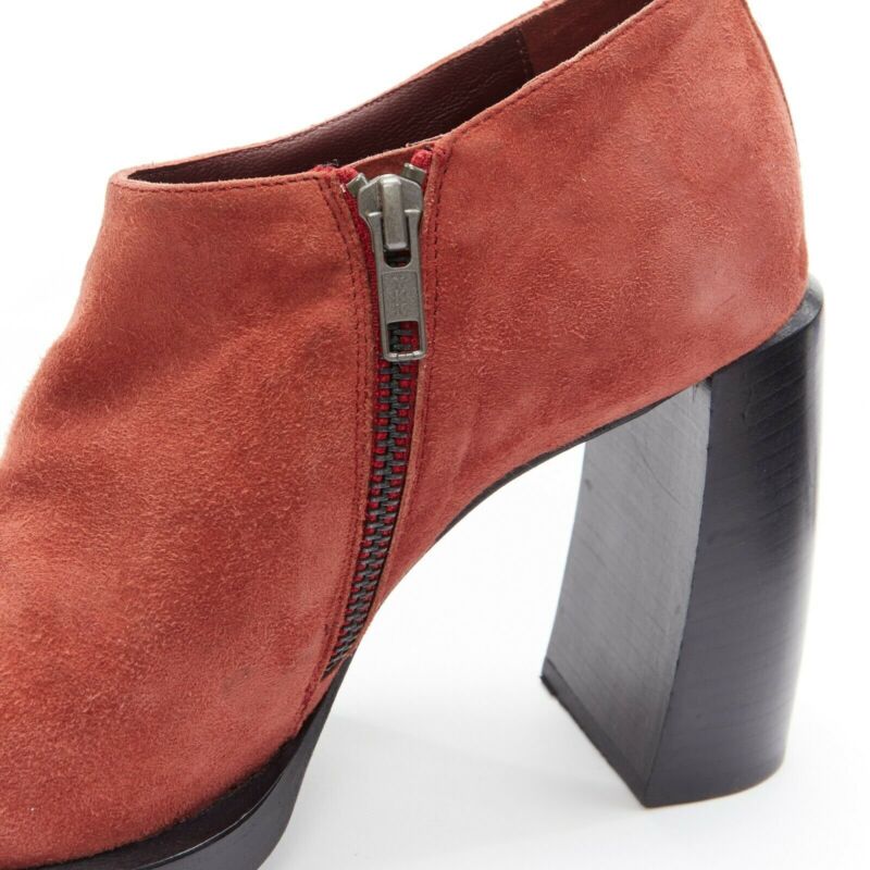 ANN DEMEULEMEESTER burnt red suede platform curved chunky heel bootie EU38