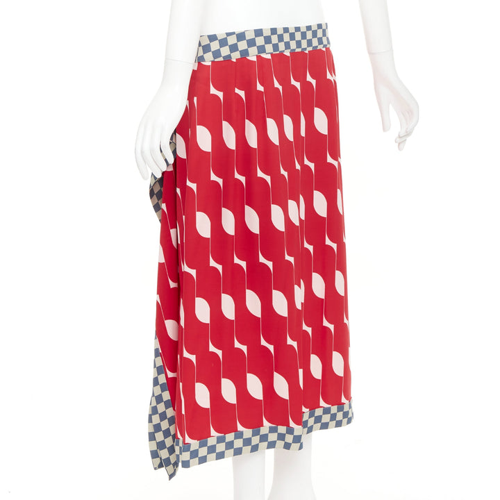 DRIES VAN NOTEN 2024 red silk geometric print wrap checkered midi skirt FR38 M