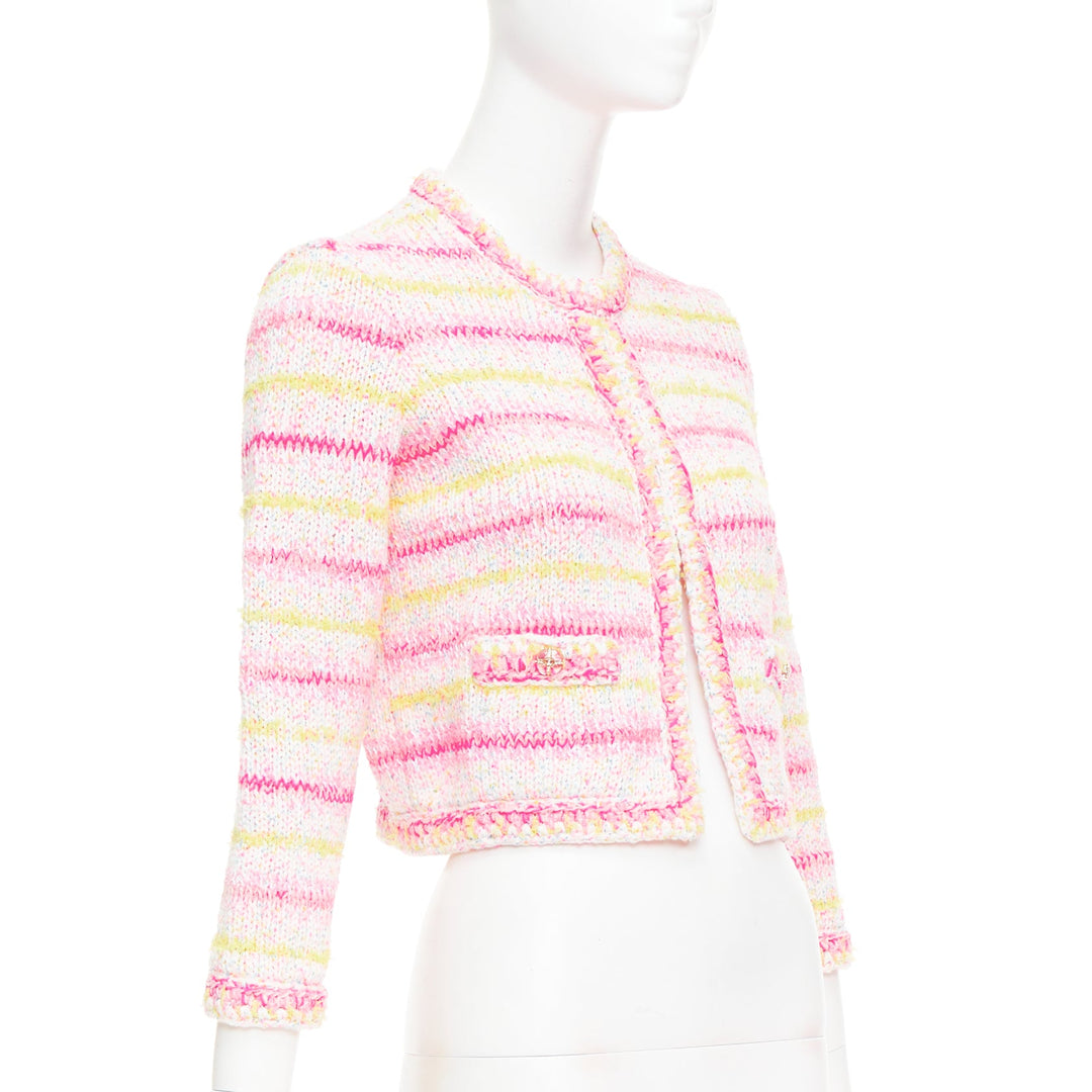 CHANEL 24C Coco Heart pink crochet tweed trim cardigan jacket FR34 XS