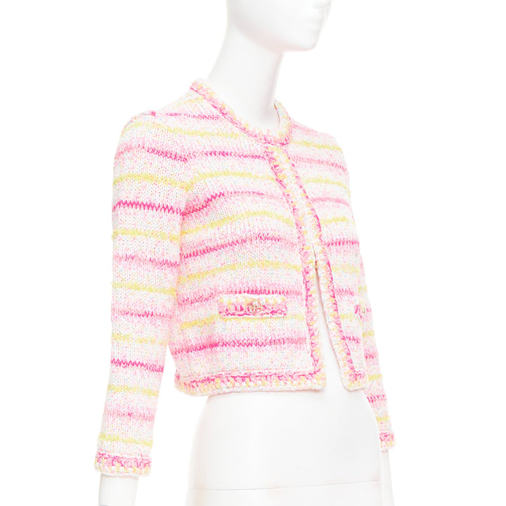 CHANEL 24C Coco Heart pink crochet tweed trim cardigan jacket FR34 XS