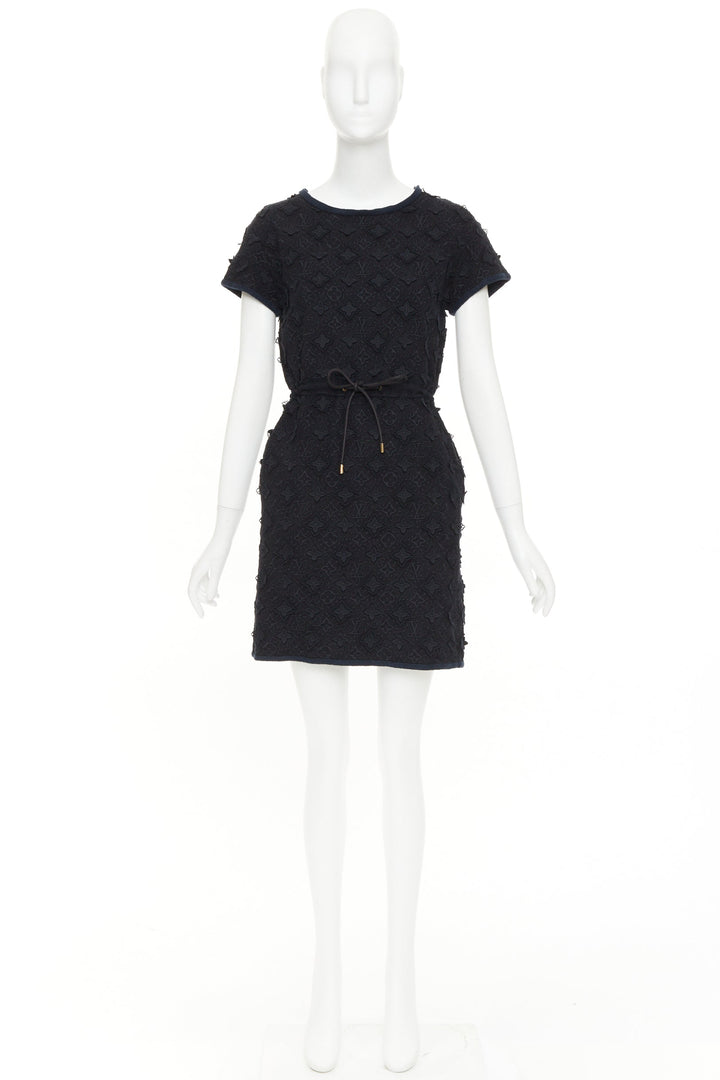 LOUIS VUITTON black LV logo monogram raised lace drawstring short dress XS