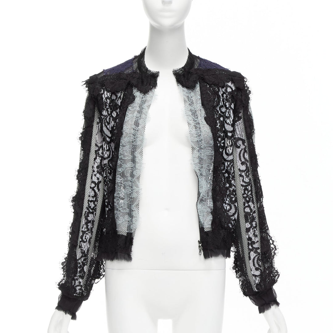 LANVIN blue black intricate lace panels sheer long sleeve jacket FR34 XS