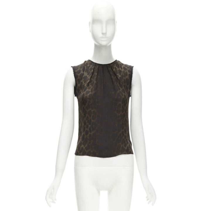 GIAMBATTISTA VALLI silk brown black ombre leopard gathered neck vest IT38 XS