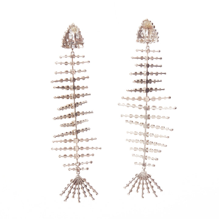 SAINT LAURENT clear crystal spiral fish bone dangling clip on earrings