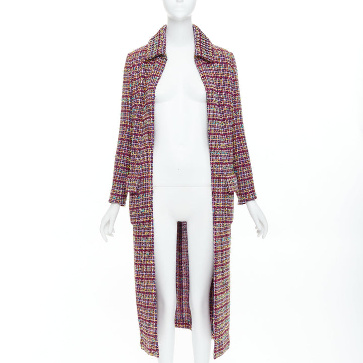 CHANEL 2023 Runway pink yellow multicolor tweed  CC button long coat FR36 S
