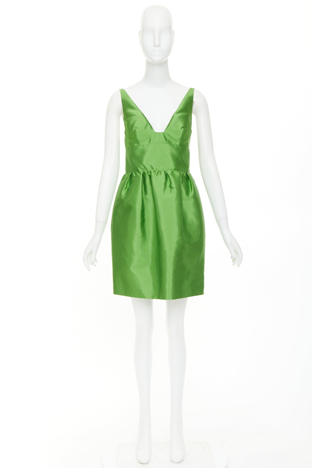 PRADA 2022 Kelly green duchess silk V-neck sleeveless mini dress IT42 M