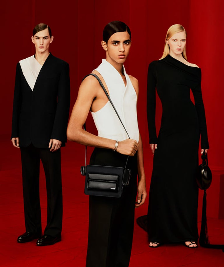 FERRAGAMO Maximilian Davis 2023 black viscose blend off shoulder train gown M