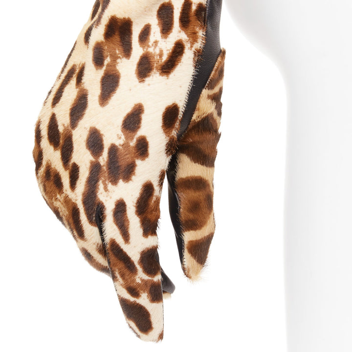 DOLCE GABBANA brown leopard print calf hair lambskin goatskin lined gloves Sz7