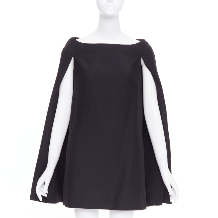 VALENTINO black wool silk bateau darted shoulder cape sleeves mini dress IT38 XS