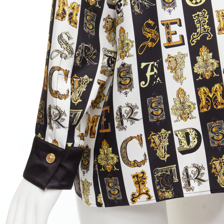 VERSACE Virtus Alphabet black gold Barocco Medusa button silk shirt IT38 XS