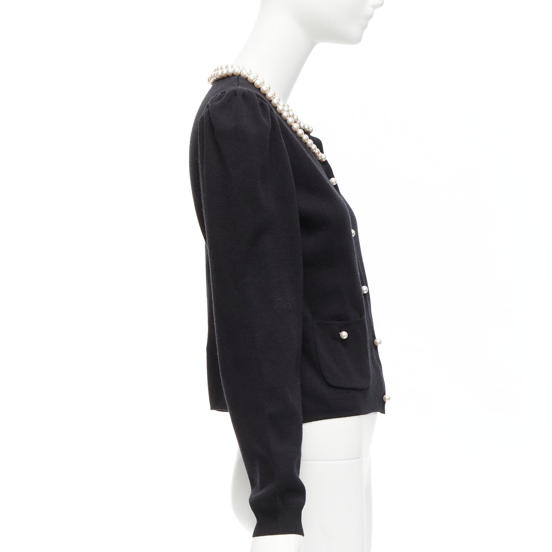 MOSCHINO pearl necklace collar black soft knit preppy cardigan IT40 S