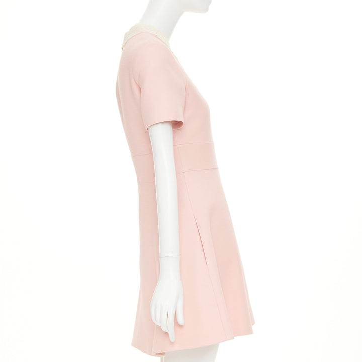 CHRISTIAN DIOR cream lace collar blush pink wool silk fit flare dress FR38 M