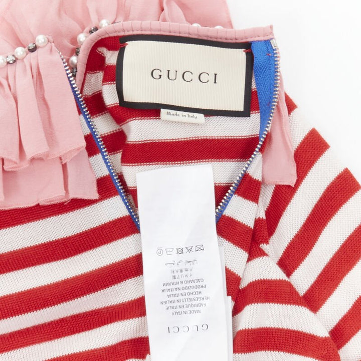 GUCCI red white stripe pink silk trimmed pearl crystal collar sweater L