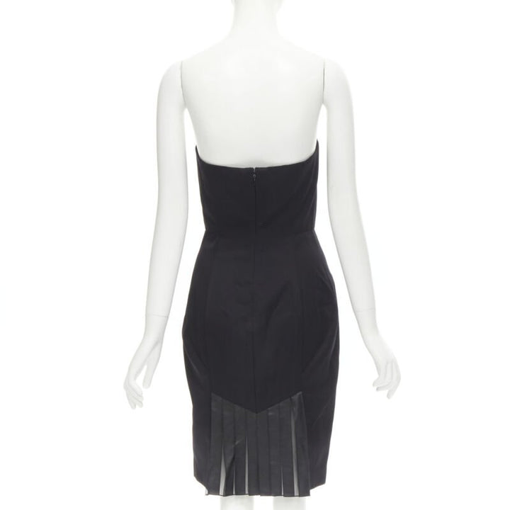 ALEXANDER WANG black built in corset strapless leather pleat back dress US4 S