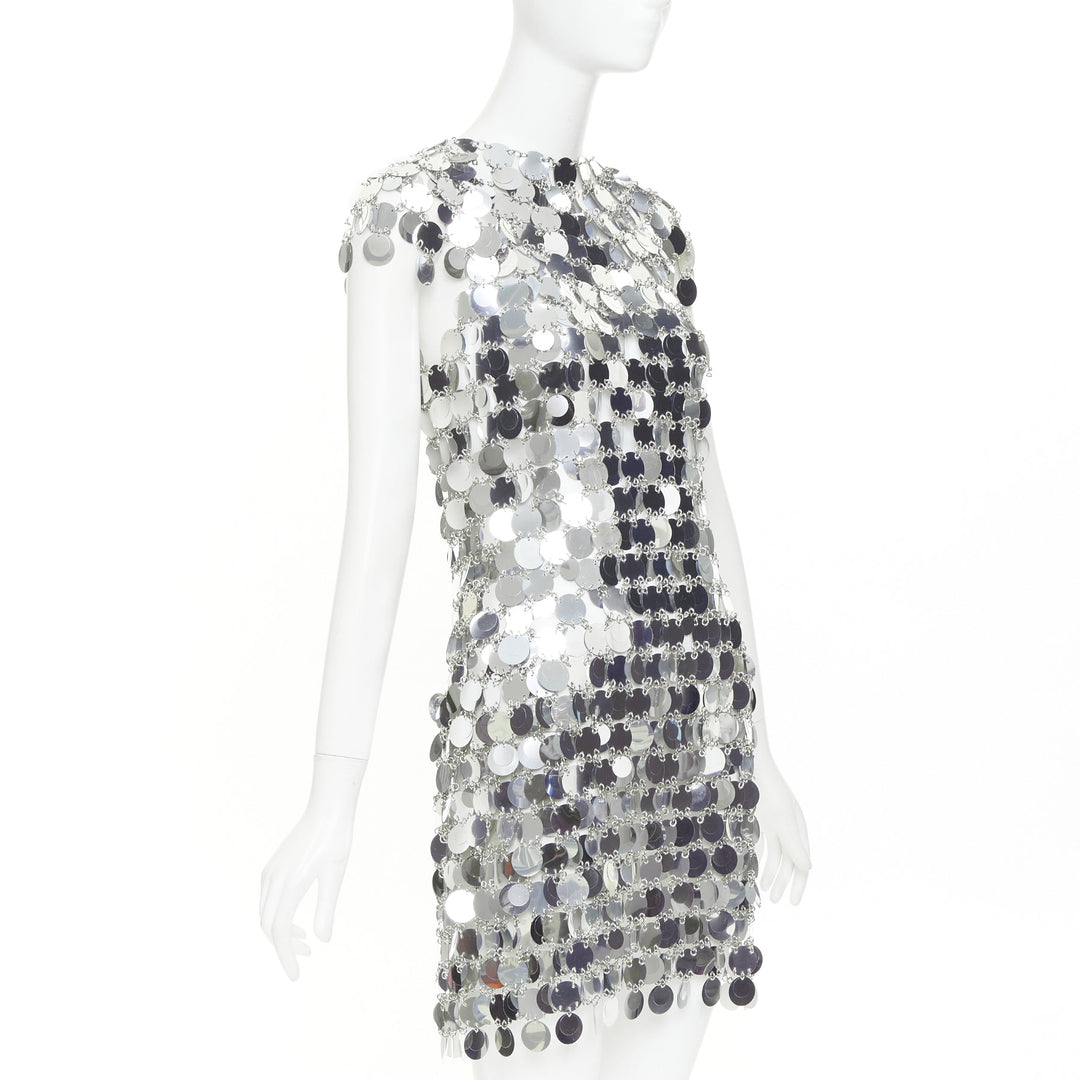 PACO RABANNE Iconic Silver Sparkle sequin chain discs mini dress FR38 M