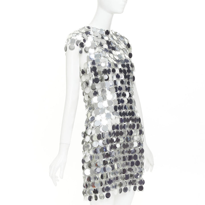 PACO RABANNE Iconic Silver Sparkle sequin chain discs mini dress FR38 M