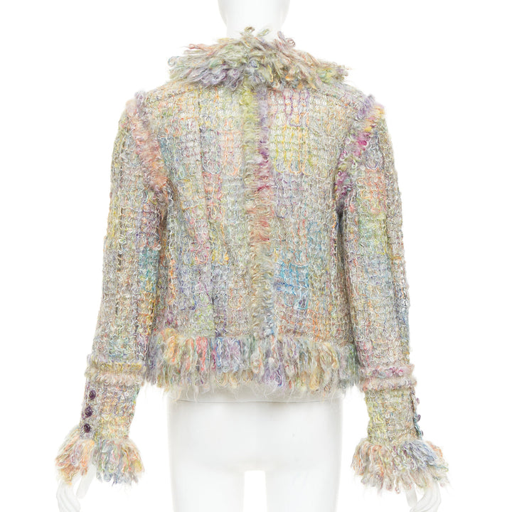 rare CHANEL 03A Runway multicolor fluffy mohair boucle tweed jacket FR42 XL